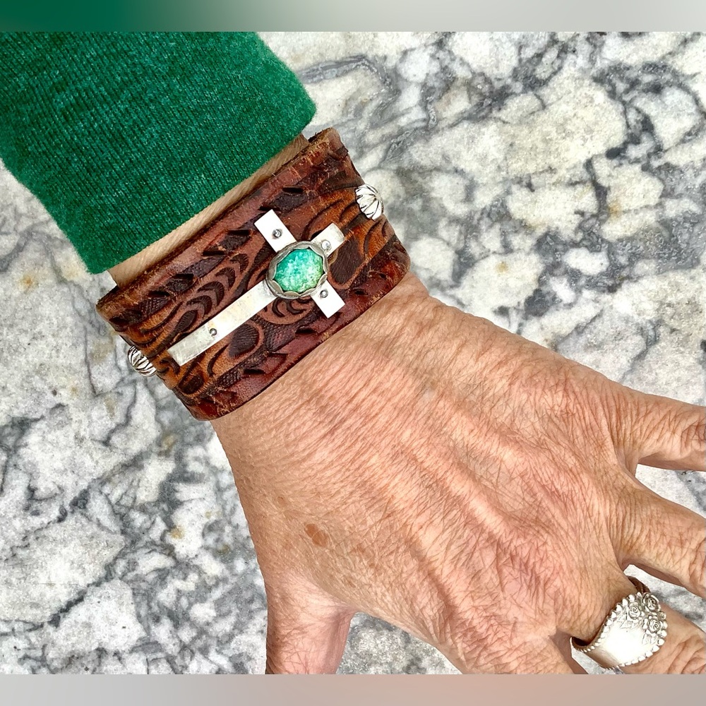 Tooled Brown Leather Cuff Bracelet with Turquoise